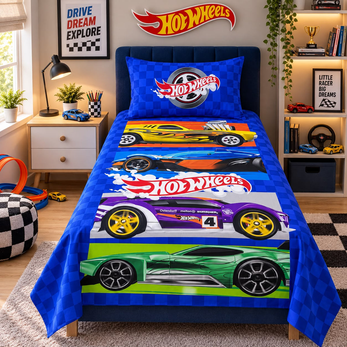 Hot Wheels Racing Cars Kids Single Bed Sheet with Pillow Case