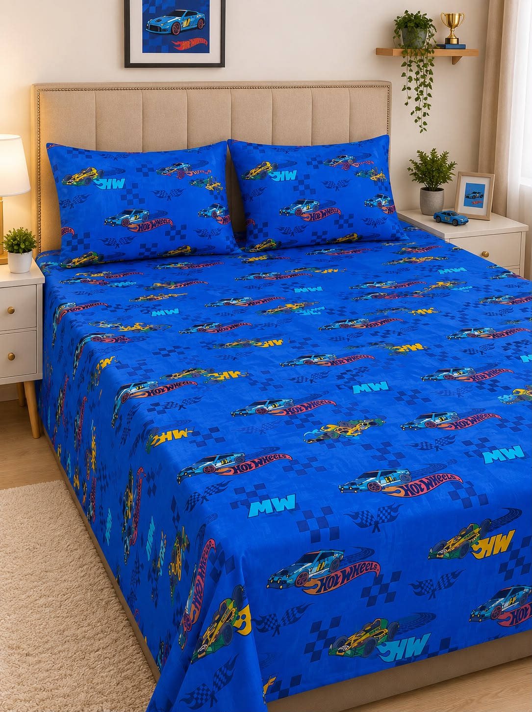 Hot Wheels Kids Double Bed Sheet with 2 Pillow Cases
