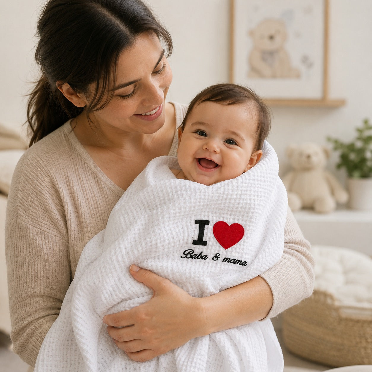 Mother holding baby wrapped in I Love Baba and Mama baby blanket
