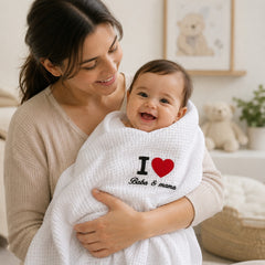 Mother holding baby wrapped in I Love Baba and Mama baby blanket