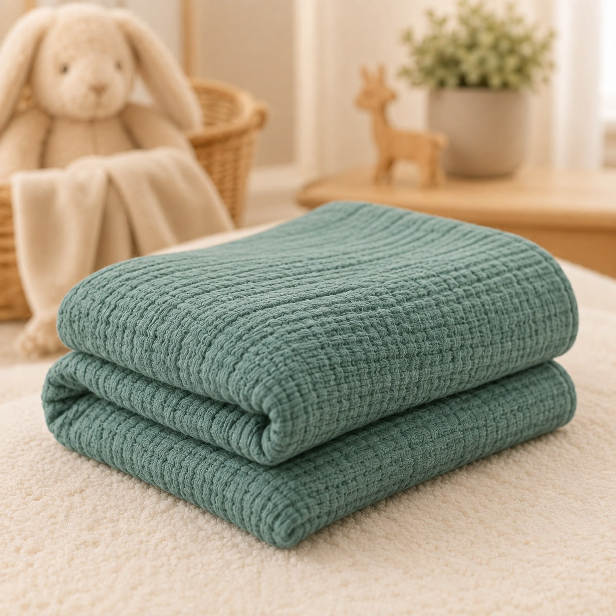 Teal 100% cotton waffle baby thermal blanket folded