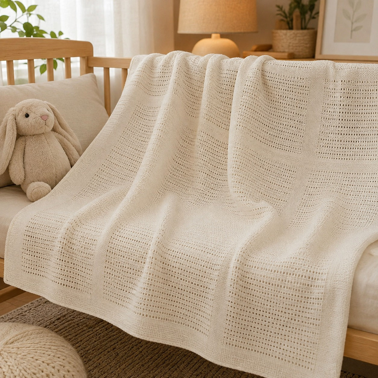 Ivory cellular cotton baby blanket draped on a sofa
