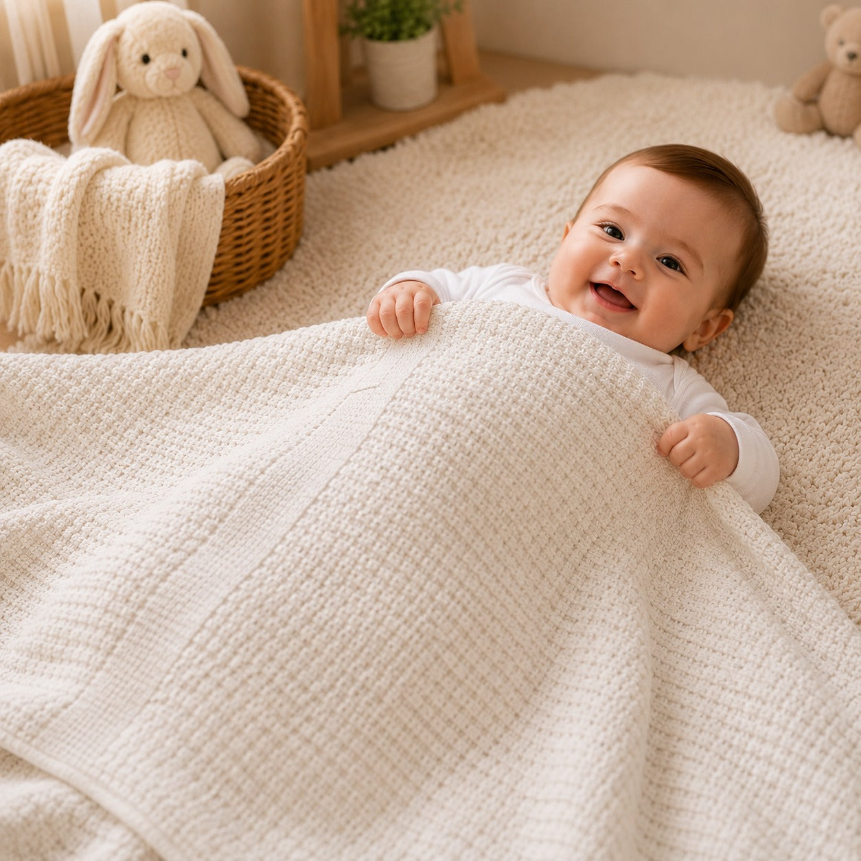 Baby wrapped in ivory waffle cotton thermal blanket