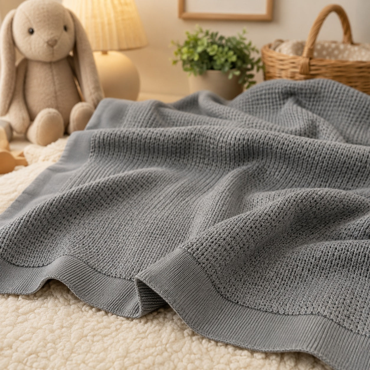 Grey waffle baby thermal blanket draped in a nursery