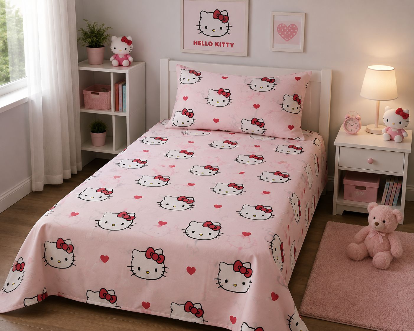 Pink kitty bow hearts kids bed sheet in a girls bedroom