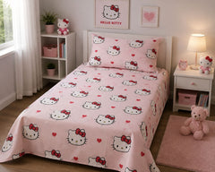 Pink kitty bow hearts kids bed sheet in a girls bedroom