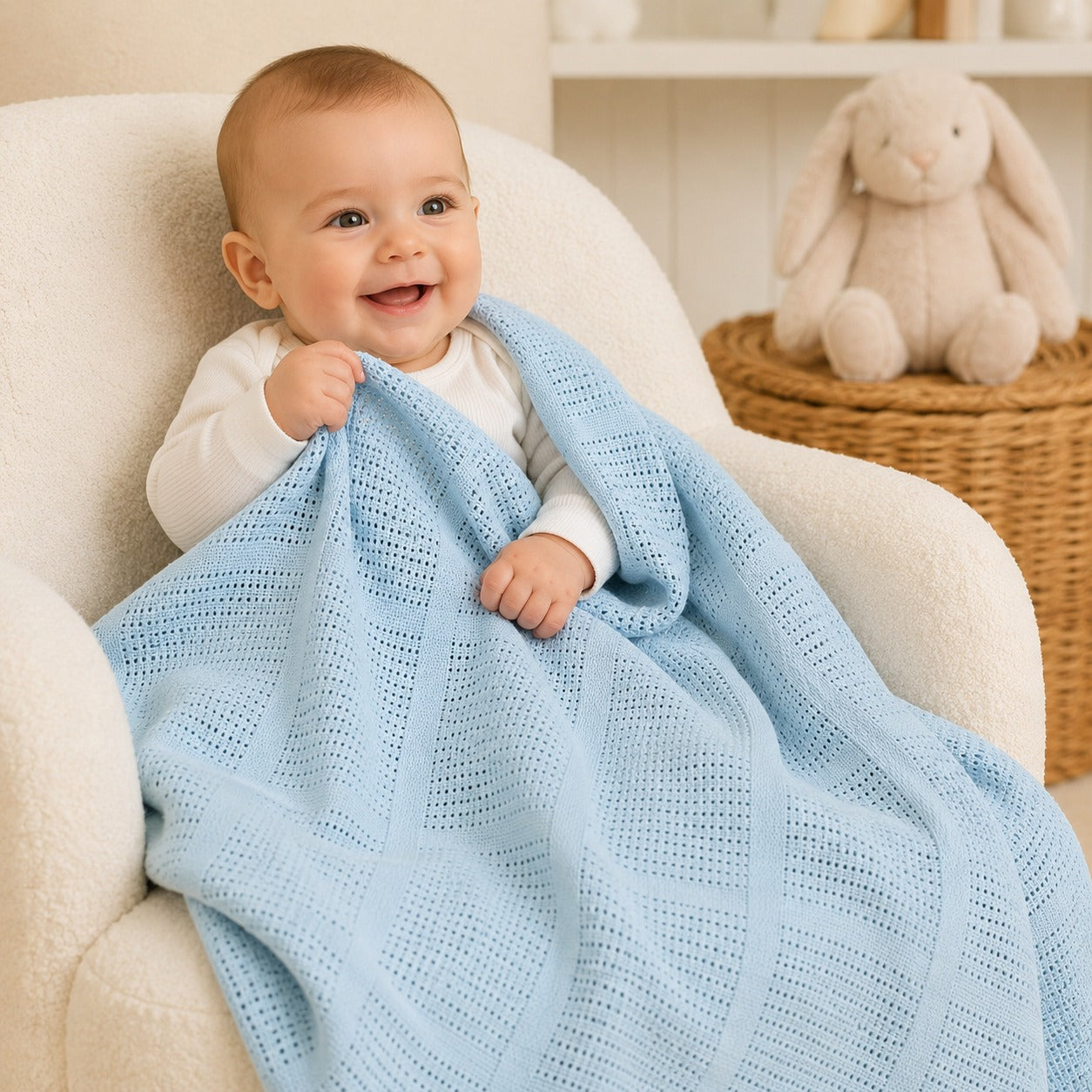 Baby wrapped in blue cellular cotton blanket