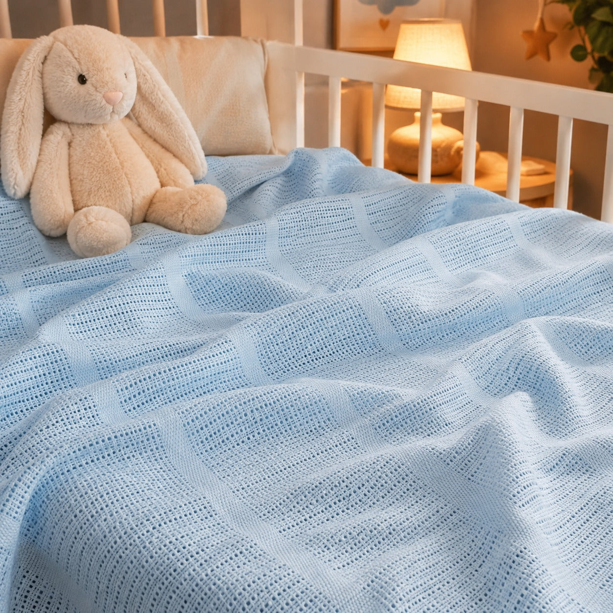 Blue cellular cotton baby blanket on a cot
