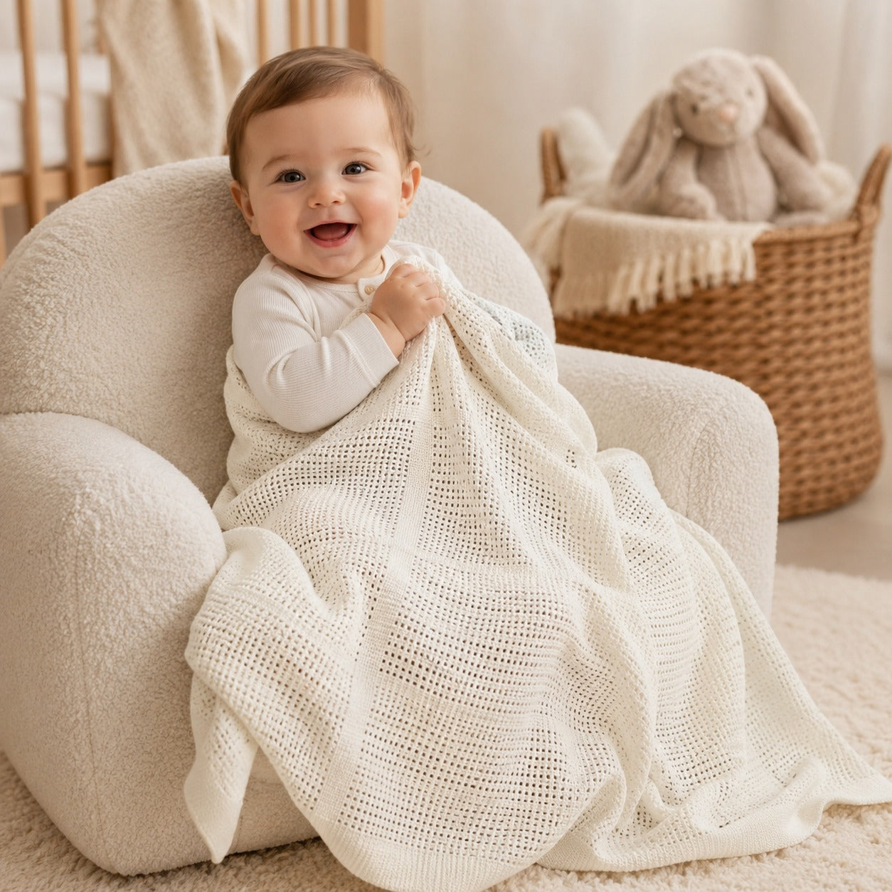Baby wrapped in ivory cellular cotton blanket