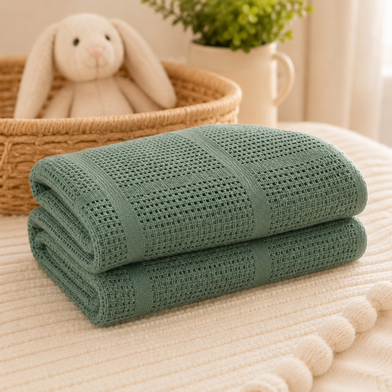 Sage green 100% cotton basketweave cellular baby blanket folded