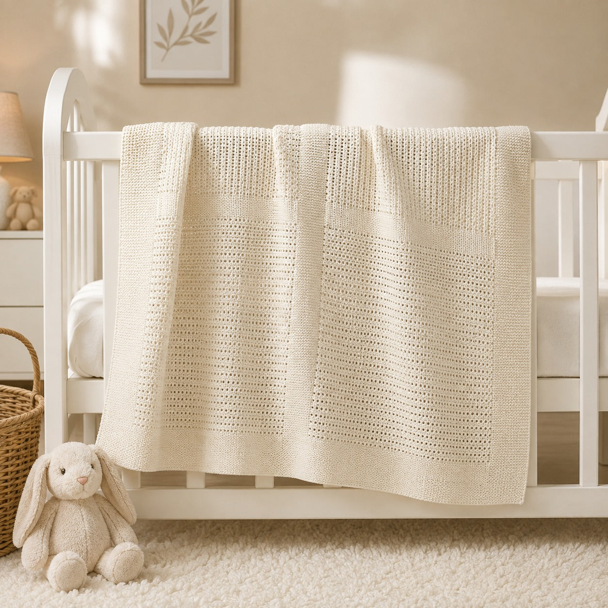Ivory cellular cotton baby blanket draped on a crib