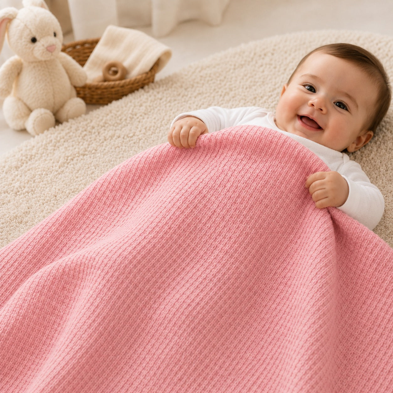 Baby wrapped in pink waffle cotton thermal blanket