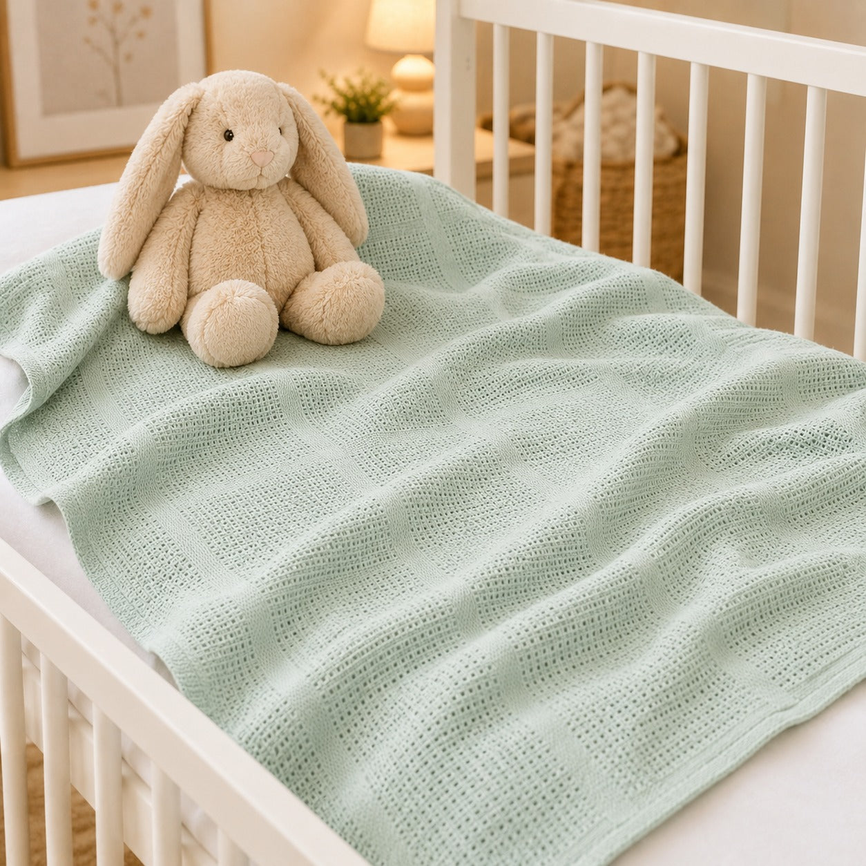 Mint basketweave baby blanket on a cot