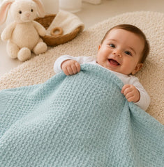 Baby wrapped in mint waffle cotton thermal blanket