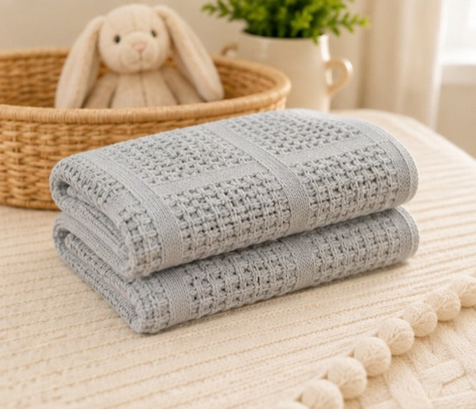 Grey 100% cotton basketweave cellular baby blanket folded