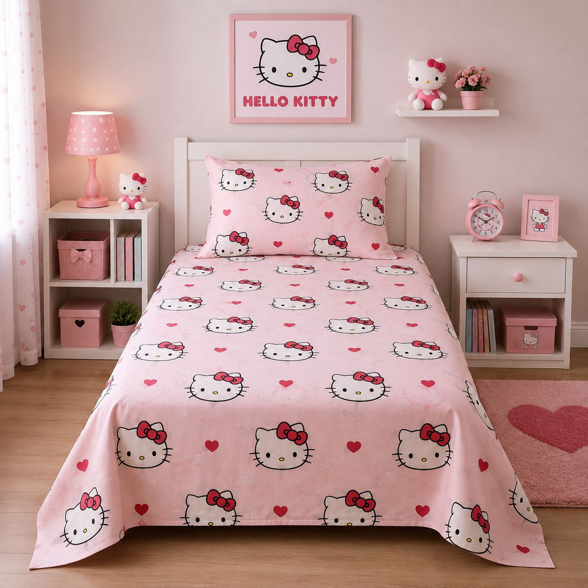 Pink kitty bow hearts kids bed sheet on a single bed with matching pillow case
