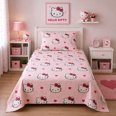 Pink kitty bow hearts kids bed sheet on a single bed with matching pillow case