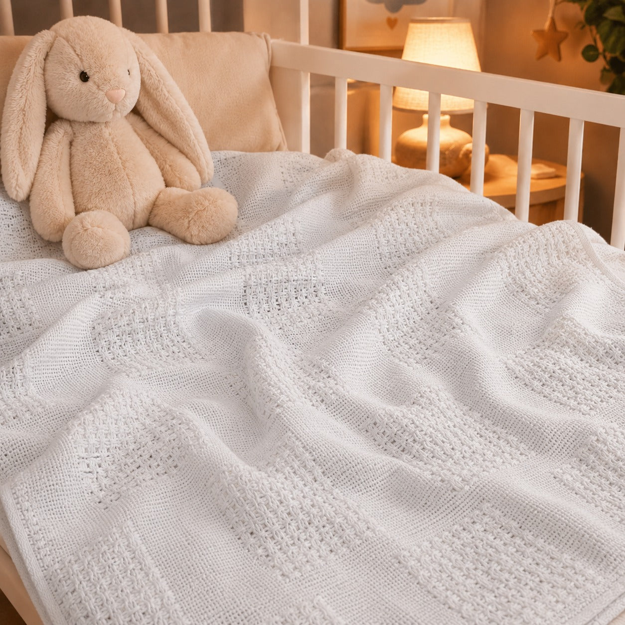 White basketweave baby blanket on a cot