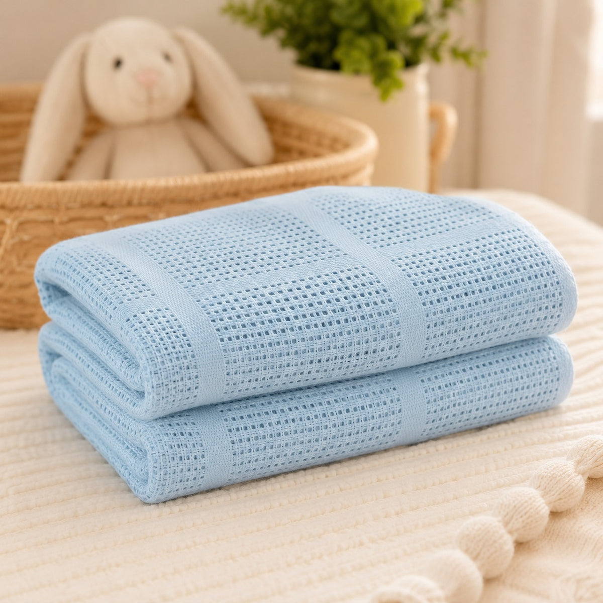 Blue 100% cotton cellular baby blanket folded