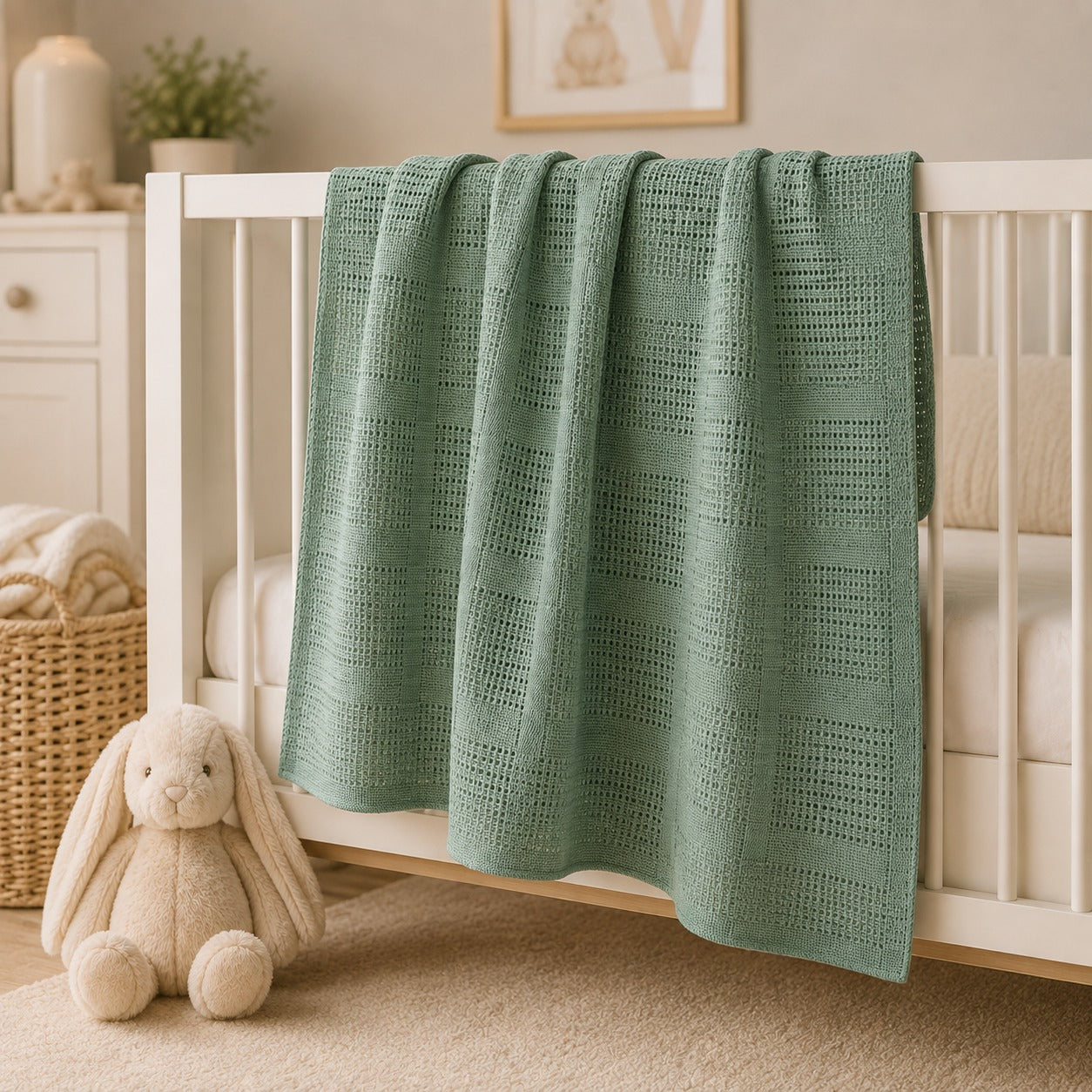 Sage green basketweave baby blanket draped on a crib