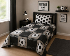 Football score check kids bed sheet in a boys bedroom