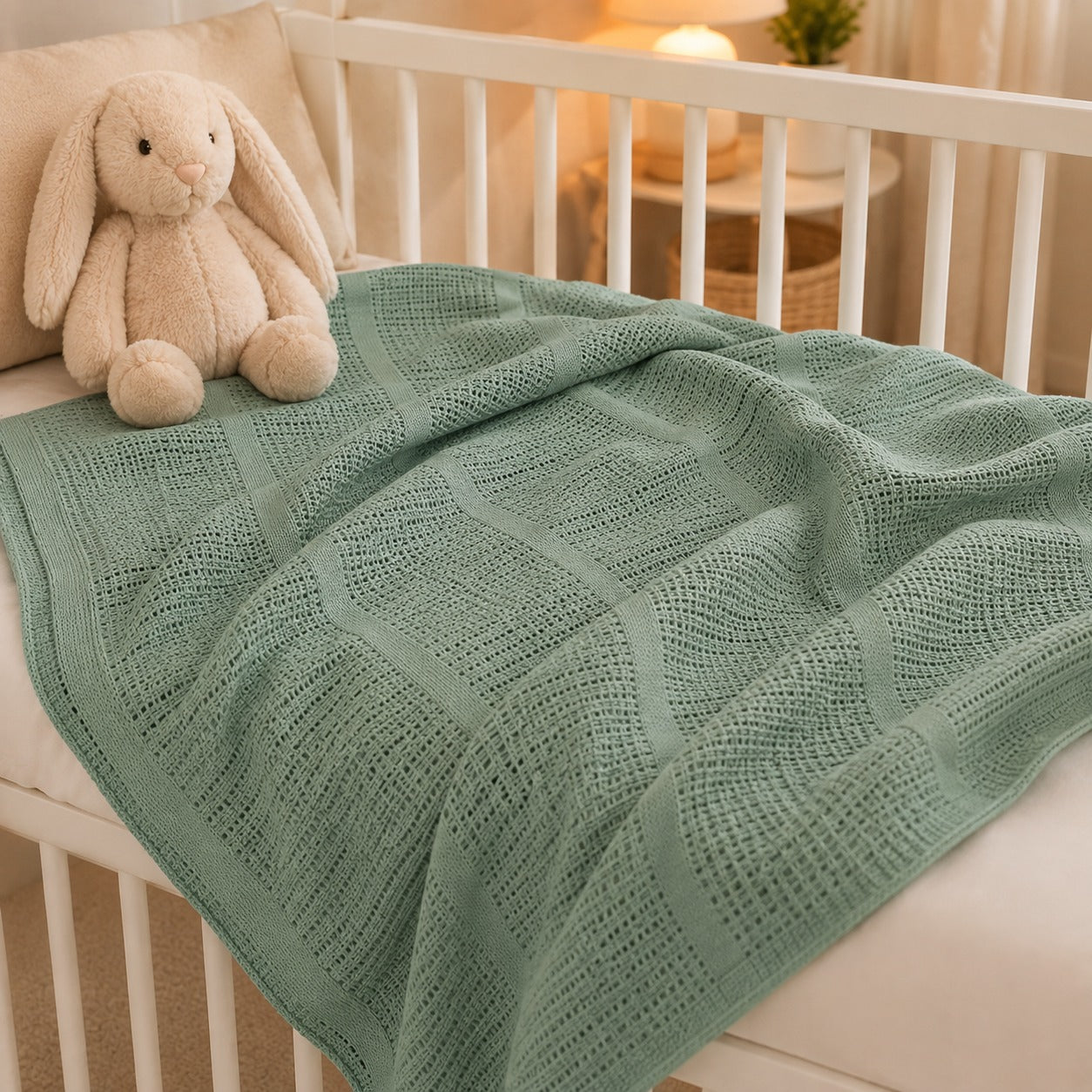Sage green basketweave baby blanket on a cot