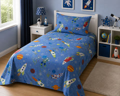 Space rocket kids bed sheet in a space themed bedroom