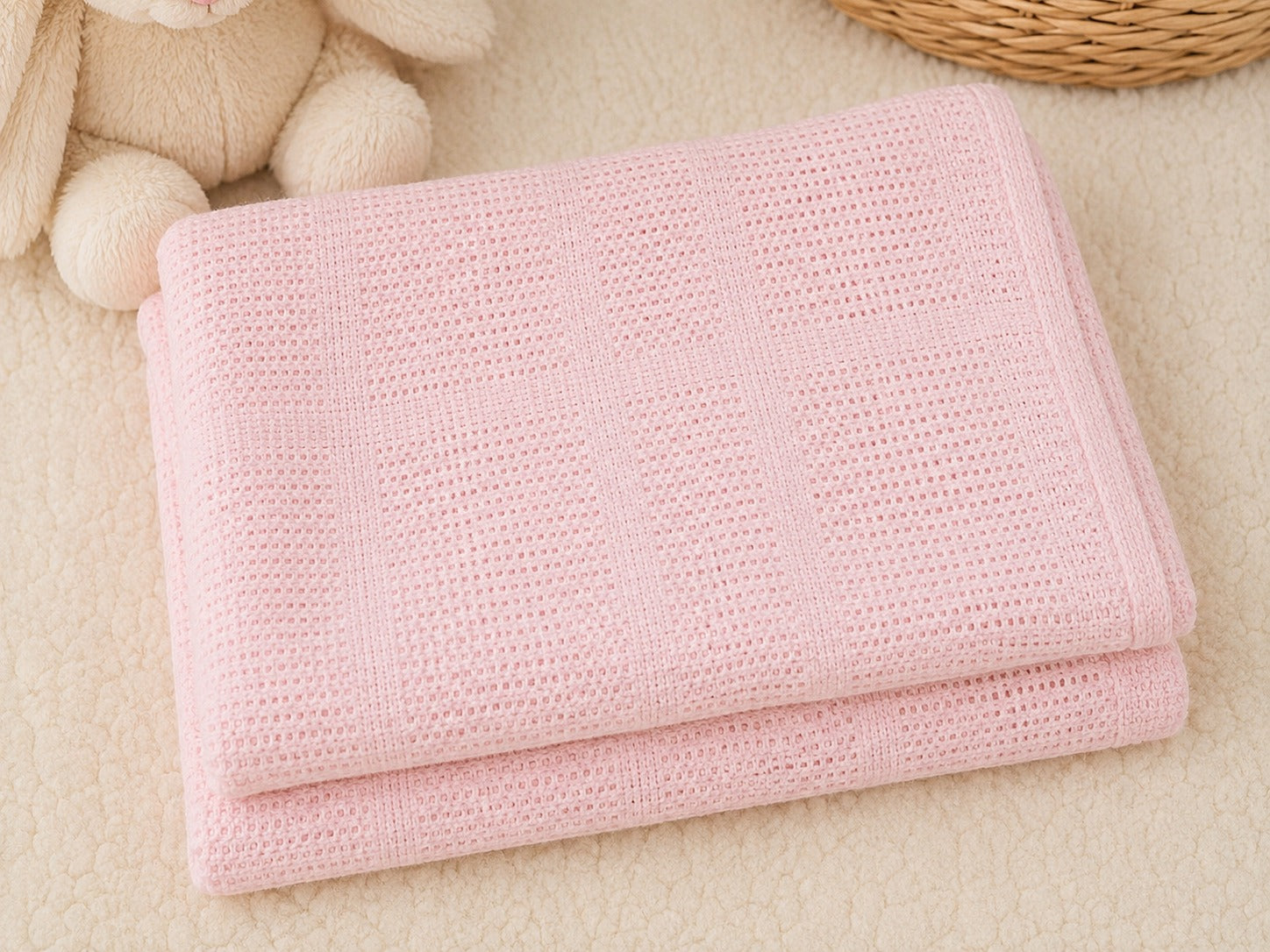Pink 100% cotton cellular baby blanket folded
