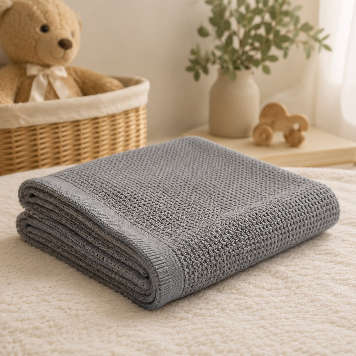 Grey waffle cotton baby thermal blanket folded