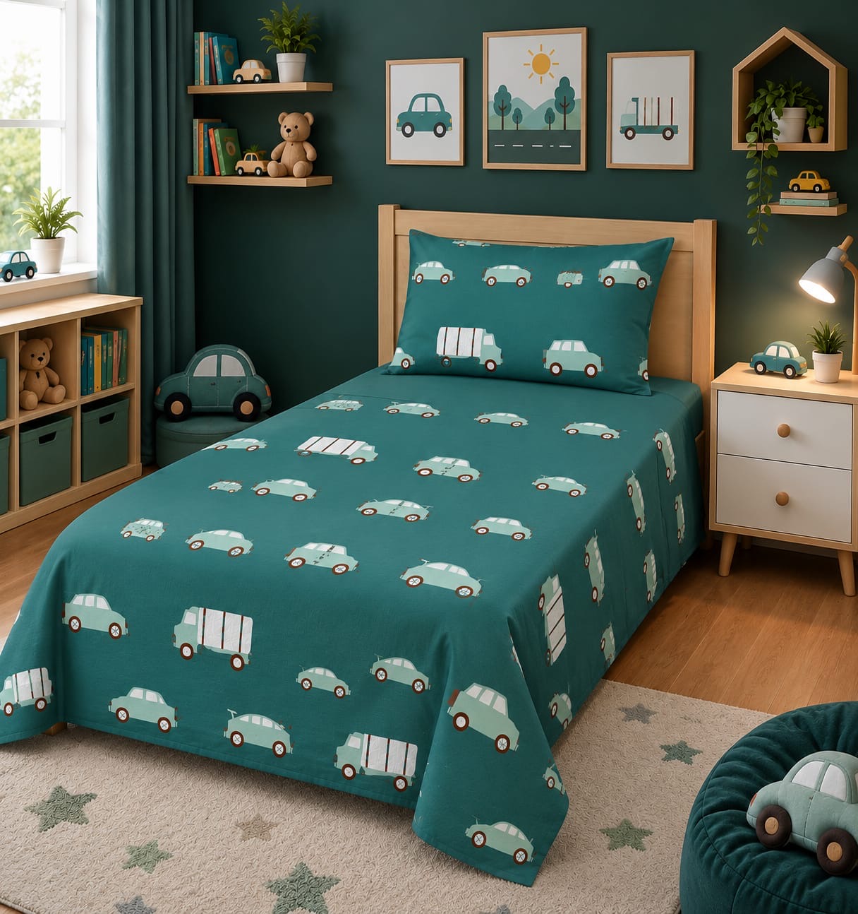 Retro cars teal kids bed sheet on a single bed with matching pillow case