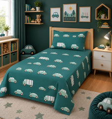 Retro cars teal kids bed sheet on a single bed with matching pillow case