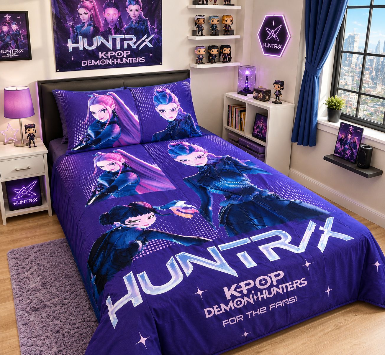 Neon idol warriors purple kids bed sheet on a single bed with matching pillow case
