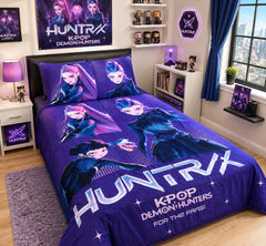Neon idol warriors purple kids bed sheet on a single bed with matching pillow case