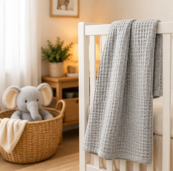 Light grey honeycomb waffle baby blanket draped on a white crib