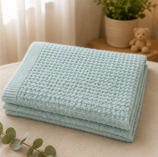 Mint 100% cotton waffle baby thermal blanket folded