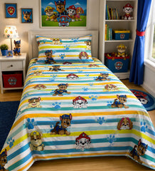 Rescue pups striped kids bed sheet on a single bed with matching pillow case
