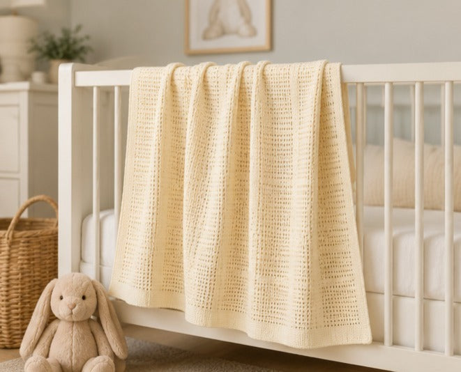 Lemon cellular cotton baby blanket draped on a crib