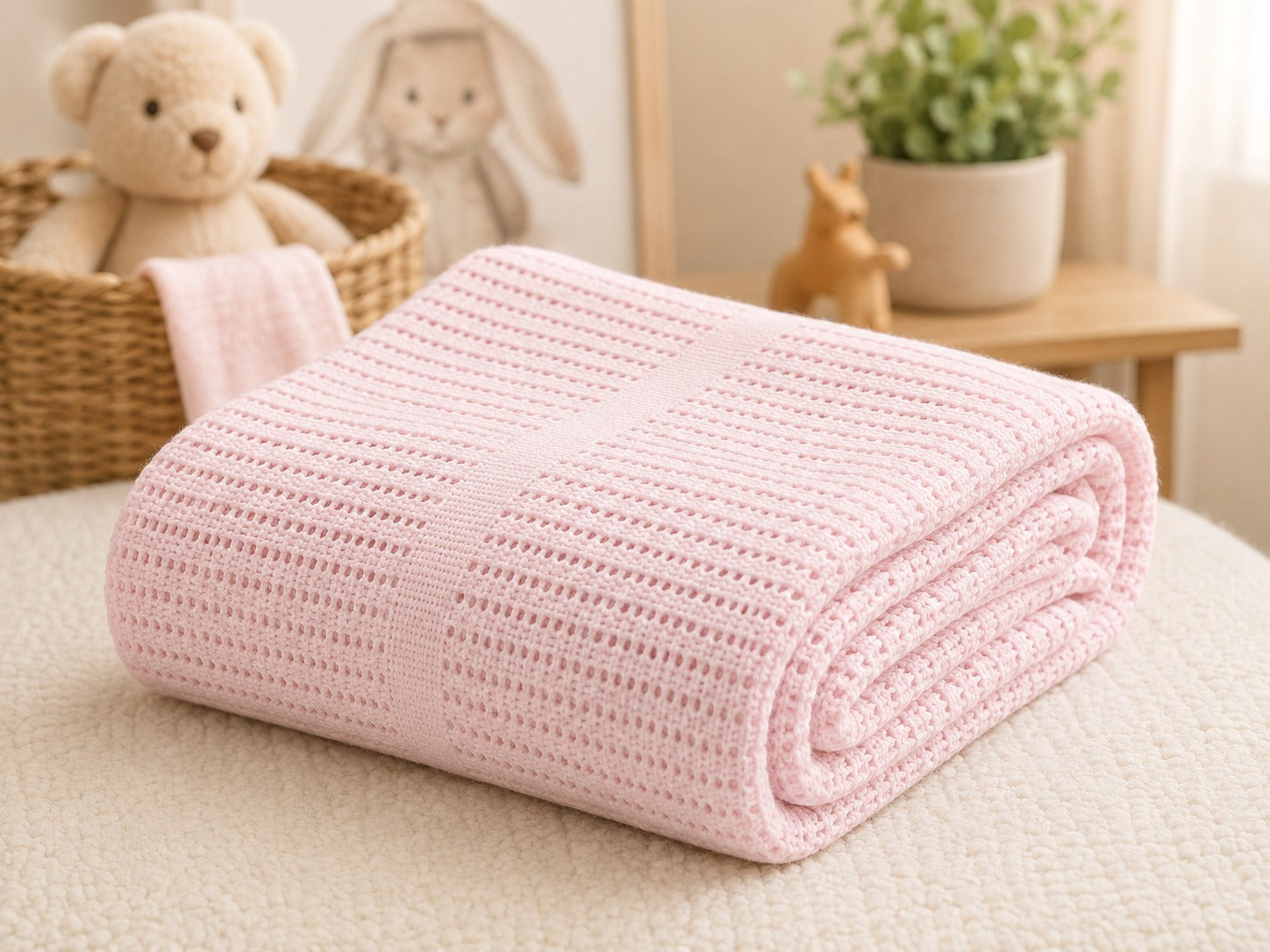 Pink cellular cotton baby blanket folded in a nursery