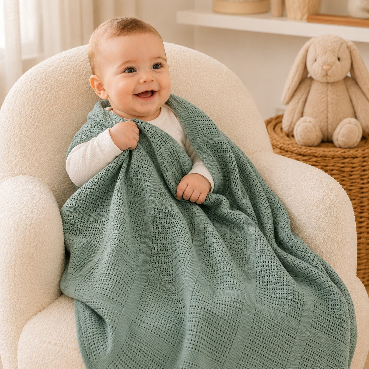 Baby wrapped in sage green basketweave cotton blanket