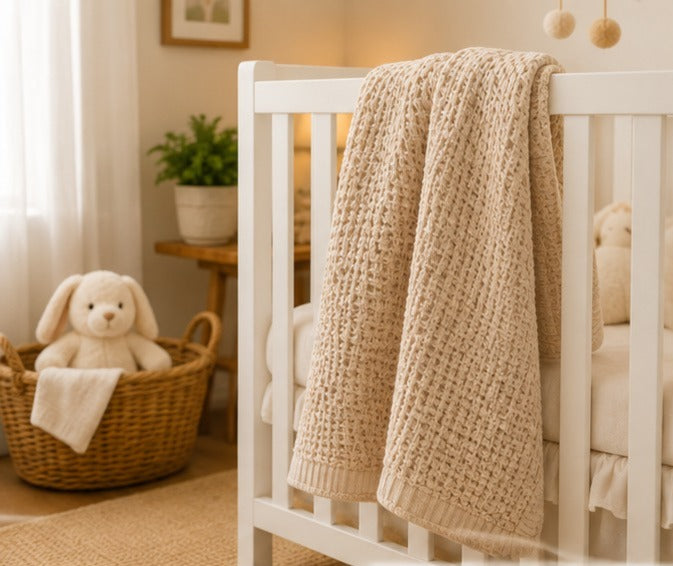Beige waffle baby thermal blanket on a cot