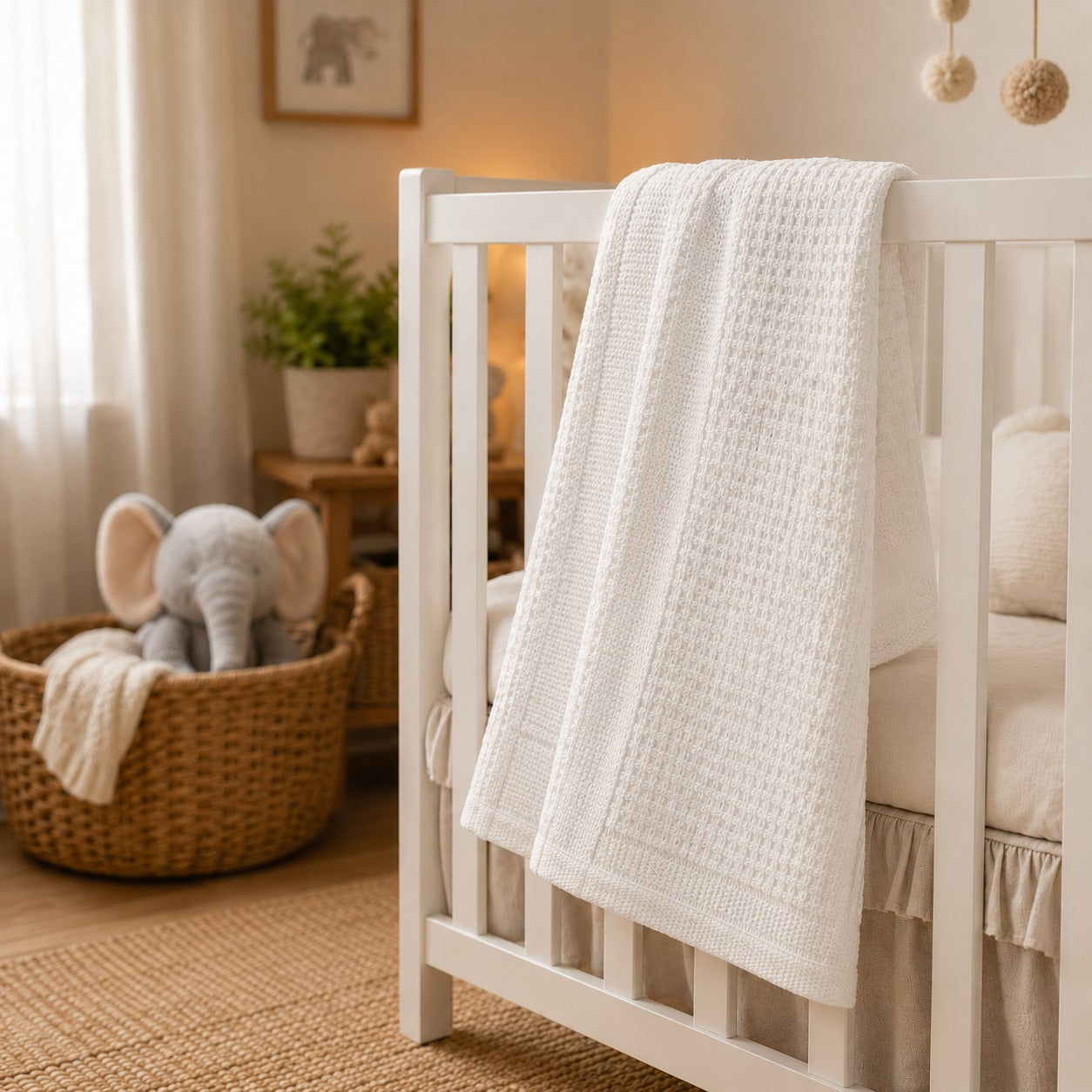 Beige waffle baby thermal blanket draped on a crib