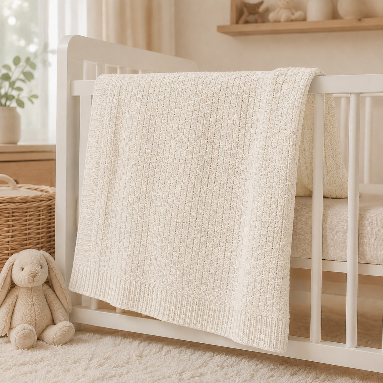 Ivory waffle baby thermal blanket draped on a crib