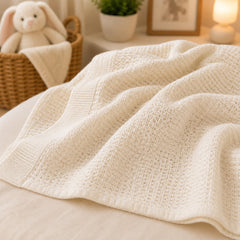 Ivory waffle baby thermal blanket draped in a nursery
