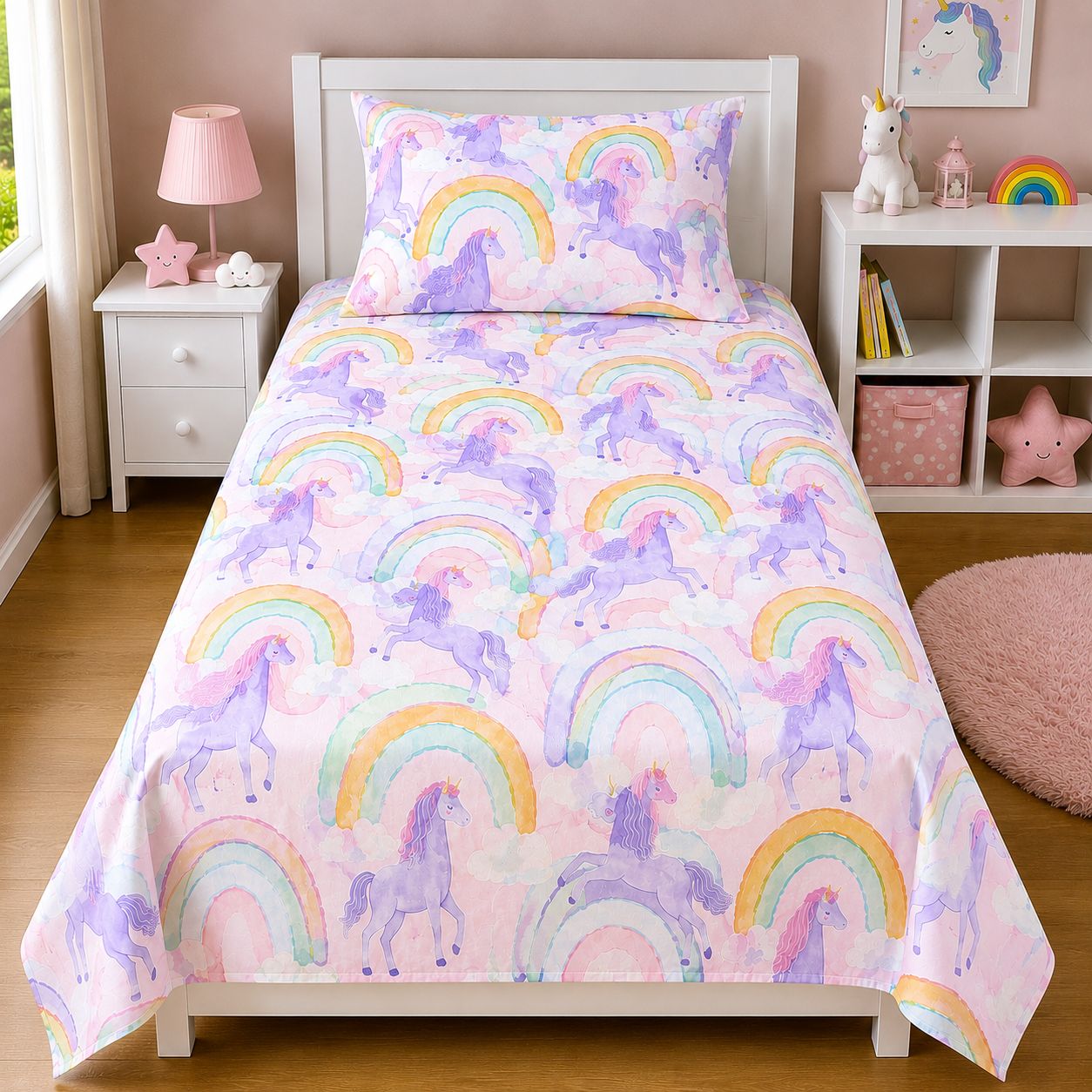 Pastel unicorn rainbow kids bed sheet on a single bed with matching pillow case