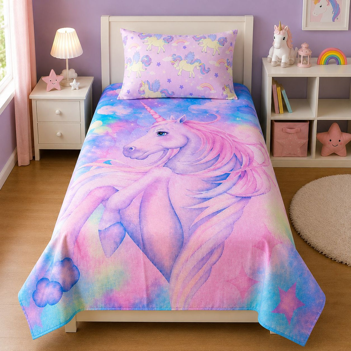 Large unicorn portrait kids bed sheet on a single bed with star pillow case