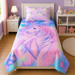 Large unicorn portrait kids bed sheet on a single bed with star pillow case