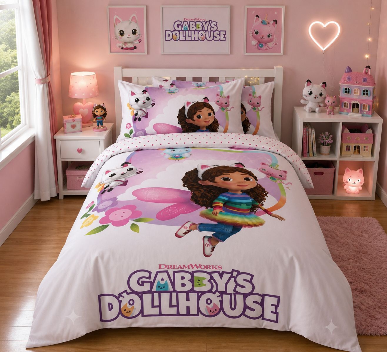 Dollhouse kitty friends kids bed sheet on a single bed with polka dot pillow case