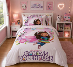 Dollhouse kitty friends kids bed sheet on a single bed with polka dot pillow case