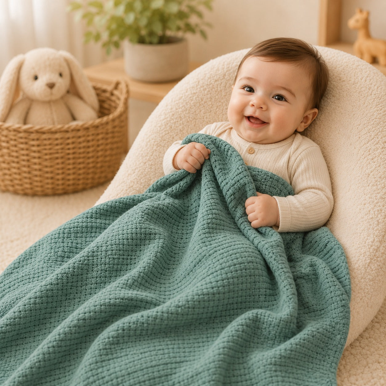 Baby wrapped in teal waffle cotton thermal blanket