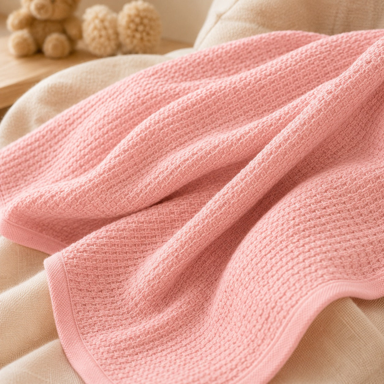 Close up of pink waffle cotton weave